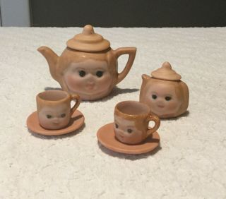 Miniature Vintage Bisque Tea Set With Doll/child Faces