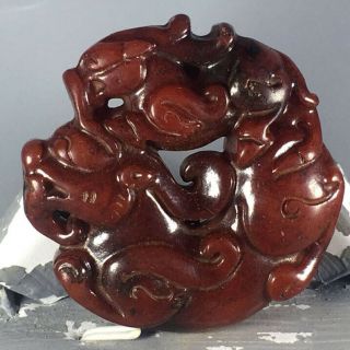 Chinese Old Natural Jade Hand - Carved Jade Double Dragon Statue Pendant 0638
