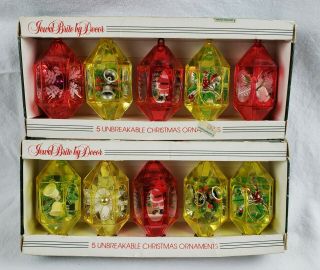 10 Vintage Jewel Brite Christmas Ornaments Diorama Diamond In Boxes Angel Santa