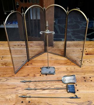4 - Panel Folding Fireplace Screen Brass Plated Vintage W/ Tools -