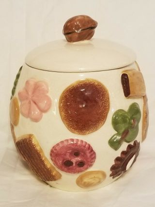 Vintage " Cookies All Over " Cookie Jar Walnut Top Lid