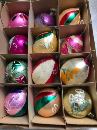 Box 12 Vintage Large Glass Christmas Balls Hand Painted Ornaments Shiny Poland