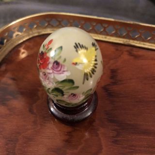 Chinese Jade Egg On Wood Stand Exotic Bird And Flowers - Detailed