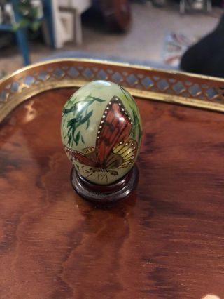 Chinese Jade Egg On Wood Stand Butterflies And Flowers - Detailed