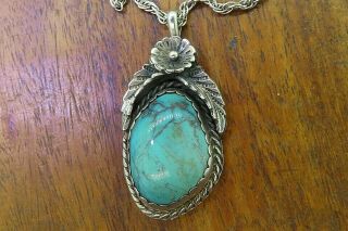 Vintage Silver American Navajo Indian Turquoise Dead Pawn Pendant Charm W/ Chain