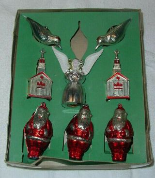 8 Vintage Shiny Brite Hard Plastic Christmas Ornaments Birds Angel & Santa Box