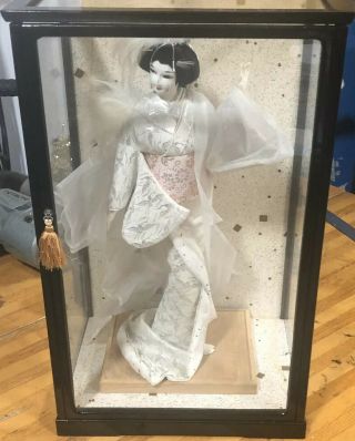 Vintage Japanese 16 " Geisha/nishi Doll In Glass Presentation Display Glass Case