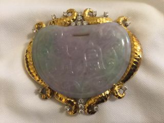 Vintage Carved Jade 18k Yellow Gold And Diamond Fur Clip/pin