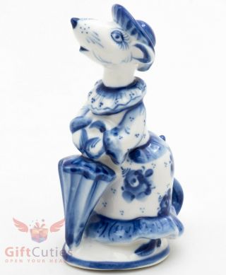 Gzhel Lady Mice Mouse Rat In Dress Umbrella Porcelain Figurine Souvenir Handmade