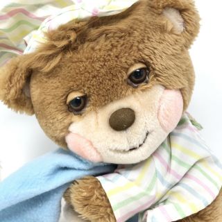 Vintage 1985 Fisher Price Teddy Beddy Bear Plush Striped Shirt Cap With Blanket 2