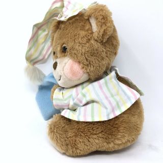 Vintage 1985 Fisher Price Teddy Beddy Bear Plush Striped Shirt Cap With Blanket 3