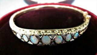 Vintage 9 Ct Gold,  Opal & Diamond Bangle Bracelet.  Cased.  Safety Catch.  Xcood.