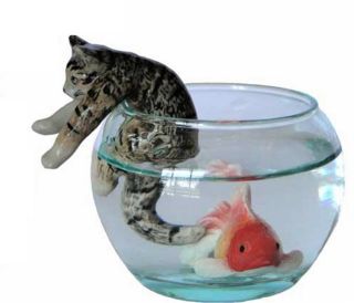 Miniature Porcelain Tabby Cat Figurine With Fish & Bowl (a) Climbing Out Of Bowl