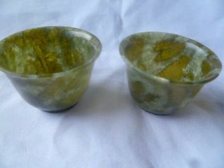 2 Hand Carved Chinese Spinach Green Nephrite Hardstone Jade 1.  75 " Bowls Cups