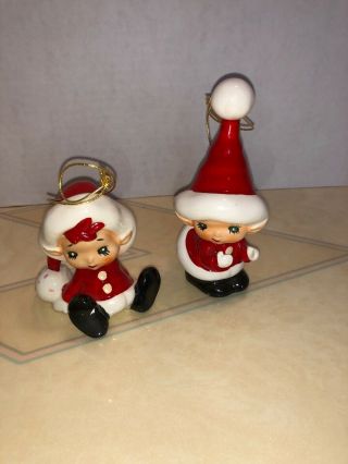 Vintage Lefton Christmas Ornament Baby Elf Pixie Santa Figurines Set Of 2