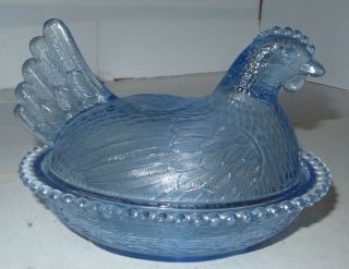 Vintage Ice Blue Glass Nesting Hen Chicken On Basket Candy Dish Indiana? Nest
