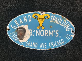 Vintage Grand Spaulding Mr.  Norms Moped Dealer Porcelain Sign Gas Oil Pump Plate