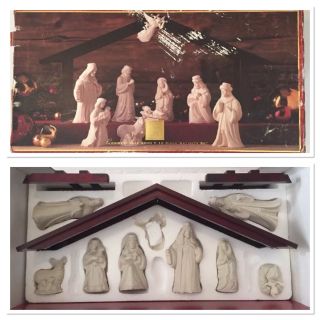 Lenox 10 Pc Commemorate 2000 Ivory Bisque Nativity Set Wood Creche -