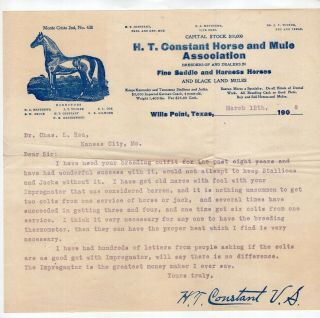 1908 Illustrated Letterhead,  Letter H T Constant Horse & Mule Association