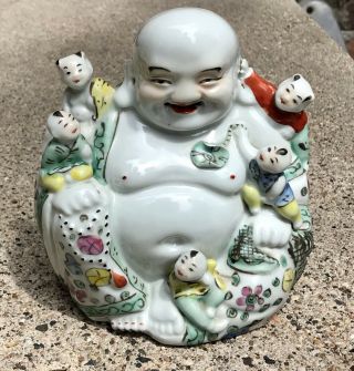 Vintage Chinese Porcelain Laughing Buddha With 5 Children And Chinese Mark