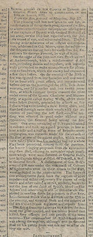Capture Of Detroit By The British.  1812 Newspaper
