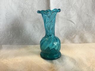 Vintage Mini Blue Turquoise Glass Vase Ruffled Top Swirled Glass 4 1/2”