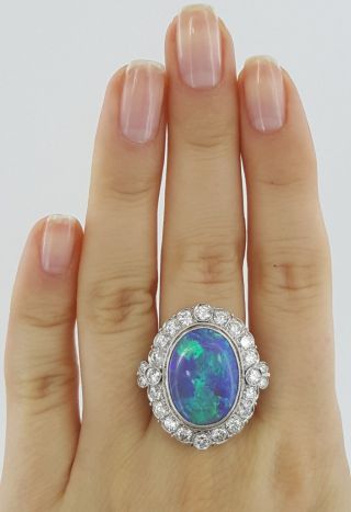 Vintage 1.  75 ct Platinum Oval Cut Opal & Round Diamond Halo Engagement Ring GIA 2