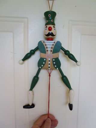 Vintage Large Wood Soldier Pull String Toy Puppet Christmas Ornament 11 1/2 "