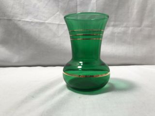 Vintage Small Green Glass Vase With Gold Rings