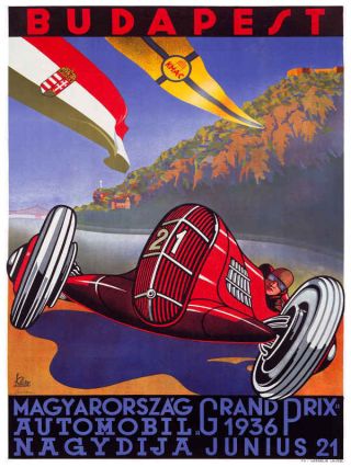 Vintage 1936 Budapest Grand Prix Auto Racing Poster Print 24x18 9mil Paper
