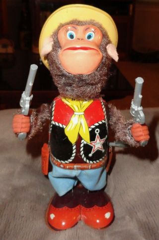 Vintage Nomura Japan Wind Up Tin Litho Monkey The Sheriff Toy