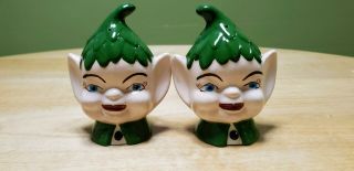 Vintage Elf Pixie Head Ceramic Hand Painted Salt & Pepper Shakers Christmas