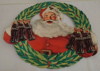 Vintage 1960s Coke Coca - Cola Santa Clause Christmas Wreath Cardboard Sign Litho
