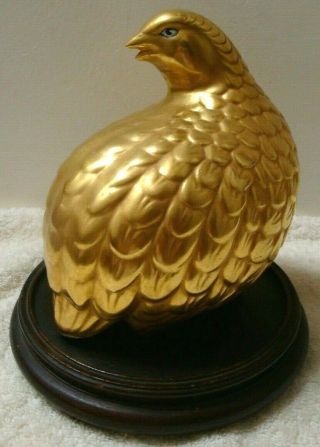 Large Gold Quail Bird Porcelain Statue W/ Wood Base 6 - 3/4 " X 6 " Game Bird Decor