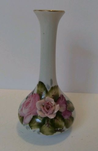 Vintage 4.  5 " Hand Painted Bud Vase Mk Occupied Japan Applied Flower Pink Rose