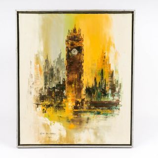 Vintage 1971 Mcm Abstract Painting London Big Ben Woo Hi Choon