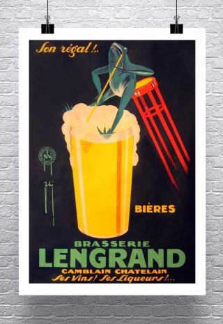 Beer Frog Vintage French Advertising Poster Rolled Canvas Giclee Print 24x32 In.