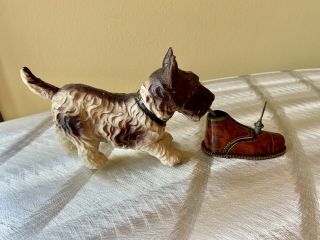 Vintage Occupied Japan Celluloid & Tin Wind Up Scottie Dog Biting Shoe Toy W/key 2