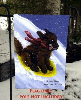 Winter Garden Flag " The Sled Ride " Brown Newfoundland Dog By Amy Bolin
