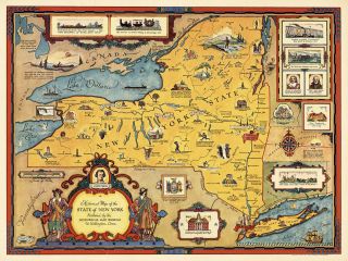 Pictorial Historical Map State York Vintage Wall Art Poster Print Genealogy