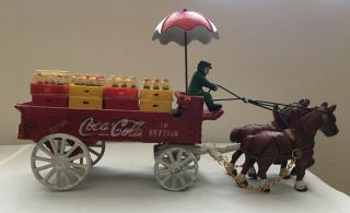Vintage Cast Iron Coca Cola Delivery Horse Drawn Wagon With Crates And Bottles