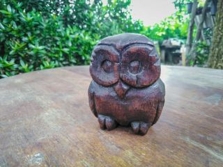 Wooden Owl Wood Hand Carved Figurine Statue Vintage Crafts Teak Home Decor Thai