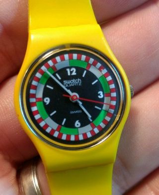 1984 Vintage Swatch Watch Yellow Racer Swiss Lady Quartz Plastic Case