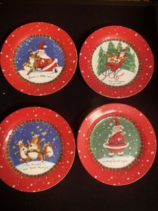 Mudpie Set Of 4 Christmas Plates “raise A Little Cane ” Santa Reindeer Sleigh