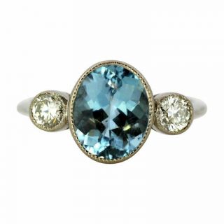 Vintage 18 Karat White Gold Ladies Three - Stone Ring With Aquamarine And Diamonds