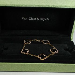 Auth Van Cleef & Arpels Alhambra Vintage Bracelet,  5 Motif,  Yellow Gold,  Onyx