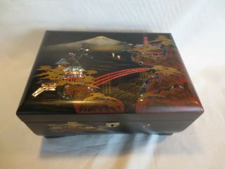 Vintage Japanese Jewelry Music Box Hand Painted Black Lacquered Inlay Mop Great