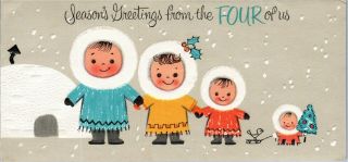 Happy Eskimo Family Family From The Four Of Us Igloo Vtg Christmas Greeting Card