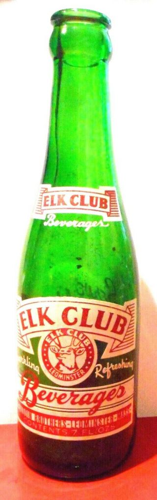 Elk Club Soda Bottle,  Beaudoin Brothers Leominster Ma 7 Oz 8 " Tall