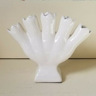 Vintage 5 Finger Tulip Bud Vase White Pottery Flower Arrangement